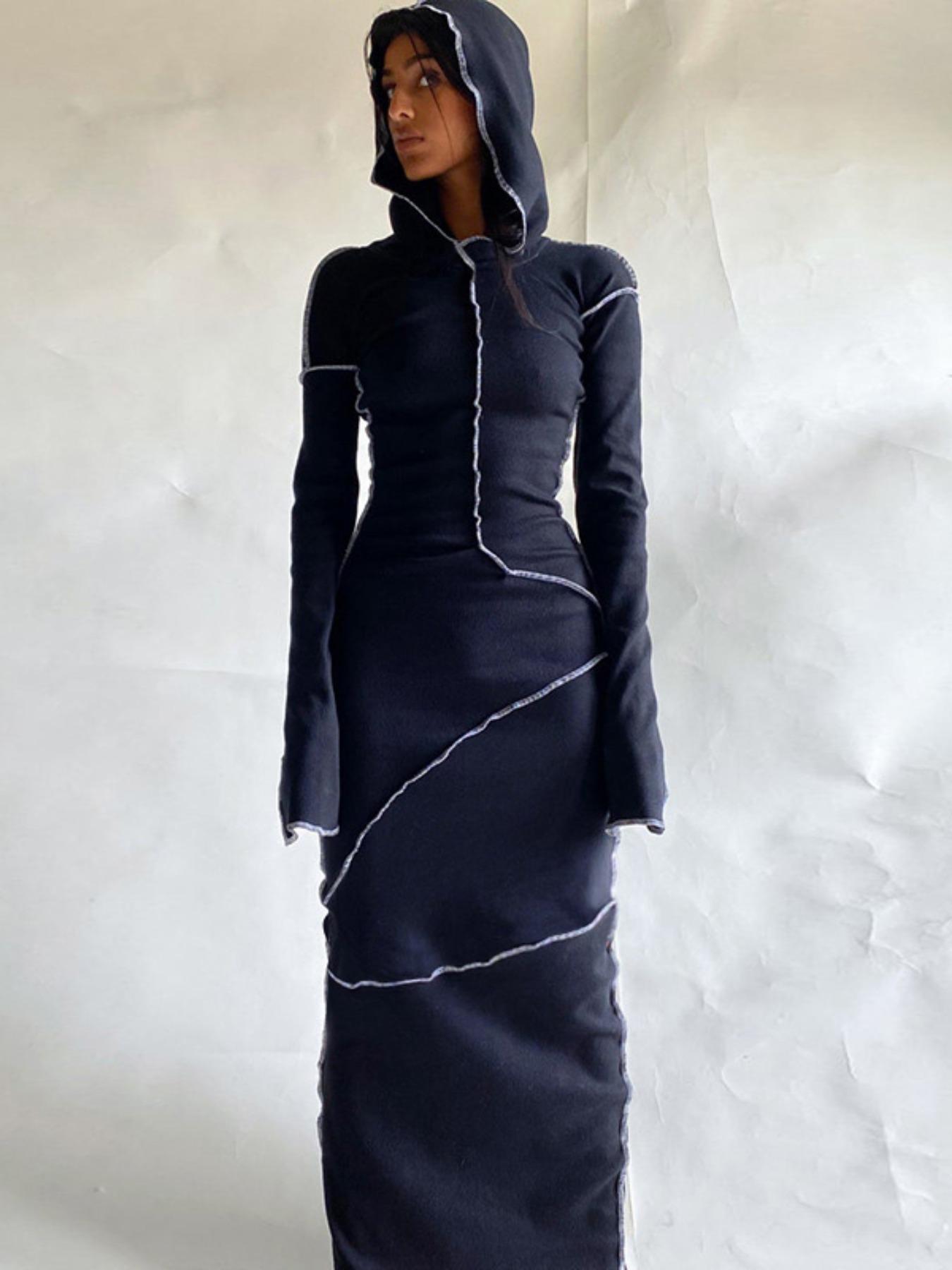 Women's Plain Drop Shoulder Hooded Bodycon Dress, Casual Long Sleeve Solid Long Dress for Fall & Winter, Women's Clothing