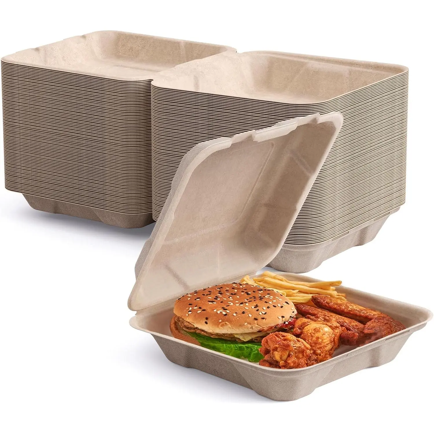 50-Pack Compostable Takeout Containers, 8 x 8 Inch Heavy-Duty Sugarcane Clamshell Boxes for Hot and Cold Meals, Parties and Catering