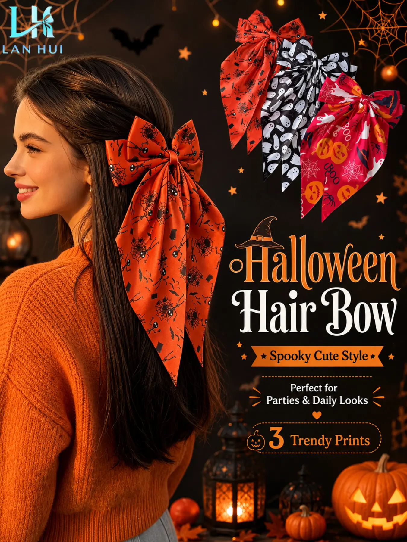 6 Piece Halloween Bow Hair Clips, Hair Bows, Decorative Hair Clips, Pumpkin Ghost Spider Web Print, Sweet Cool Dark Style, Satin Ribbon, Halloween Gift, Girls Party Accessories