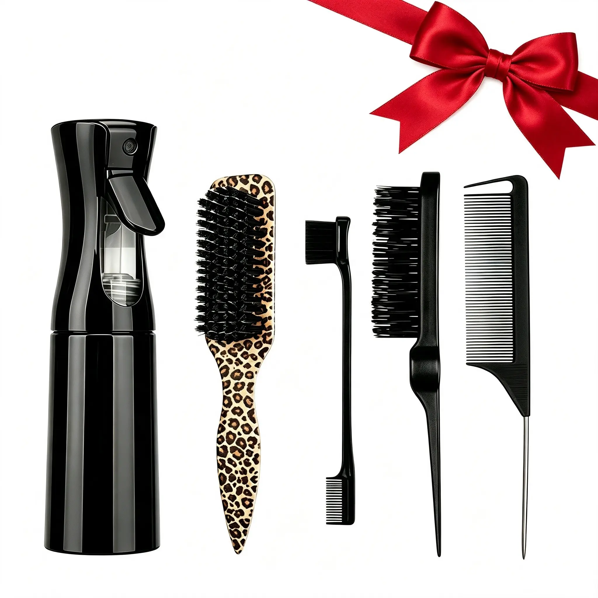 Continuous Ultra Fine Mist Spray Bottle with Hair Styling Comb Set, Double Sided Edge Brush, Teasing Brush & Metal Rat Tail Comb, Multipurpose Salon Barber Hair Tools for Curly Hair Styling, Edge Control, Haircare, Home Styling Tool