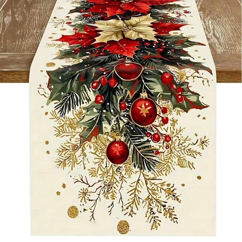 Christmas Decorative Table Runner with and Cream Poinsettia and Holly Leaf Accents, Gold-Tipped Ornaments for Elegant Holiday Dinner Parties