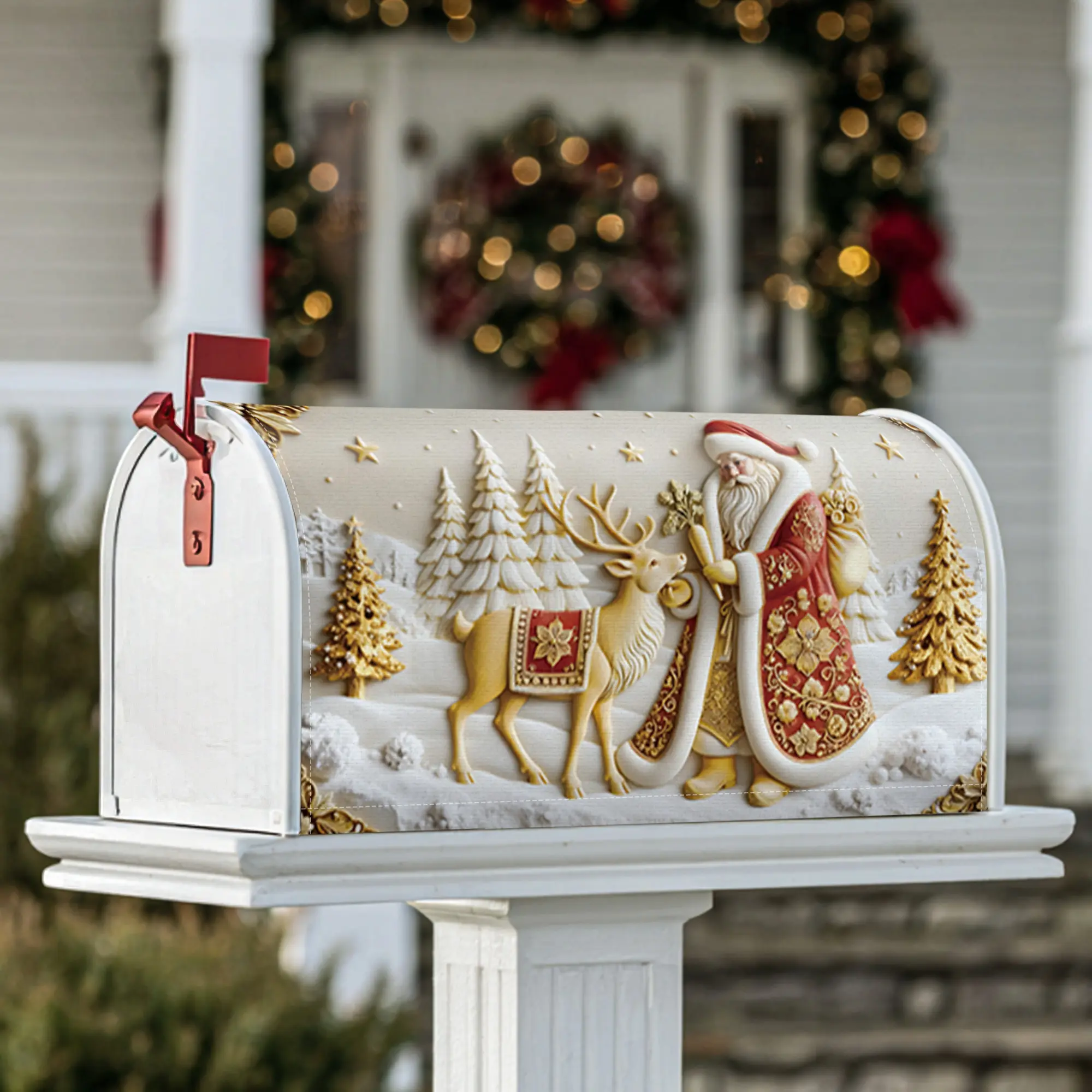 Santa Claus Magnetic Mailbox Covers, Christmas festive reindeer pine trees Christmas gold Mailbox Post Cover for Front Porch Decor