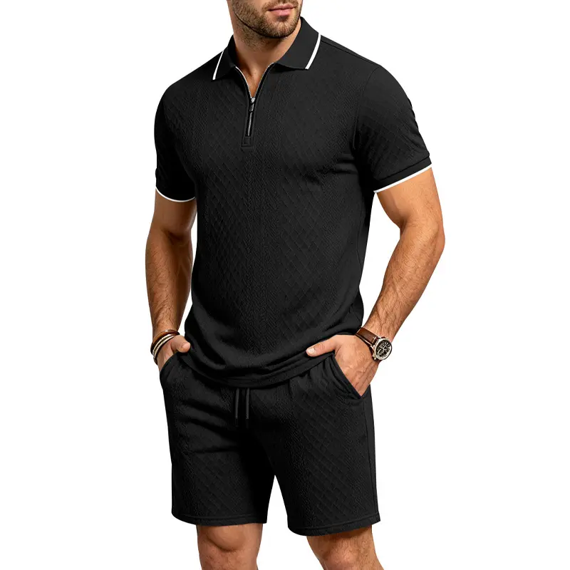 Men's Casual 2 Piece Sets, Textured Zip Polo and Shorts Outfits, Loose Fit Breathable Polyester Clothes for Summer Outdoor Wear, Men's 2 Piece Sets, Dry Clean, Shorts Length, Mens Clothing