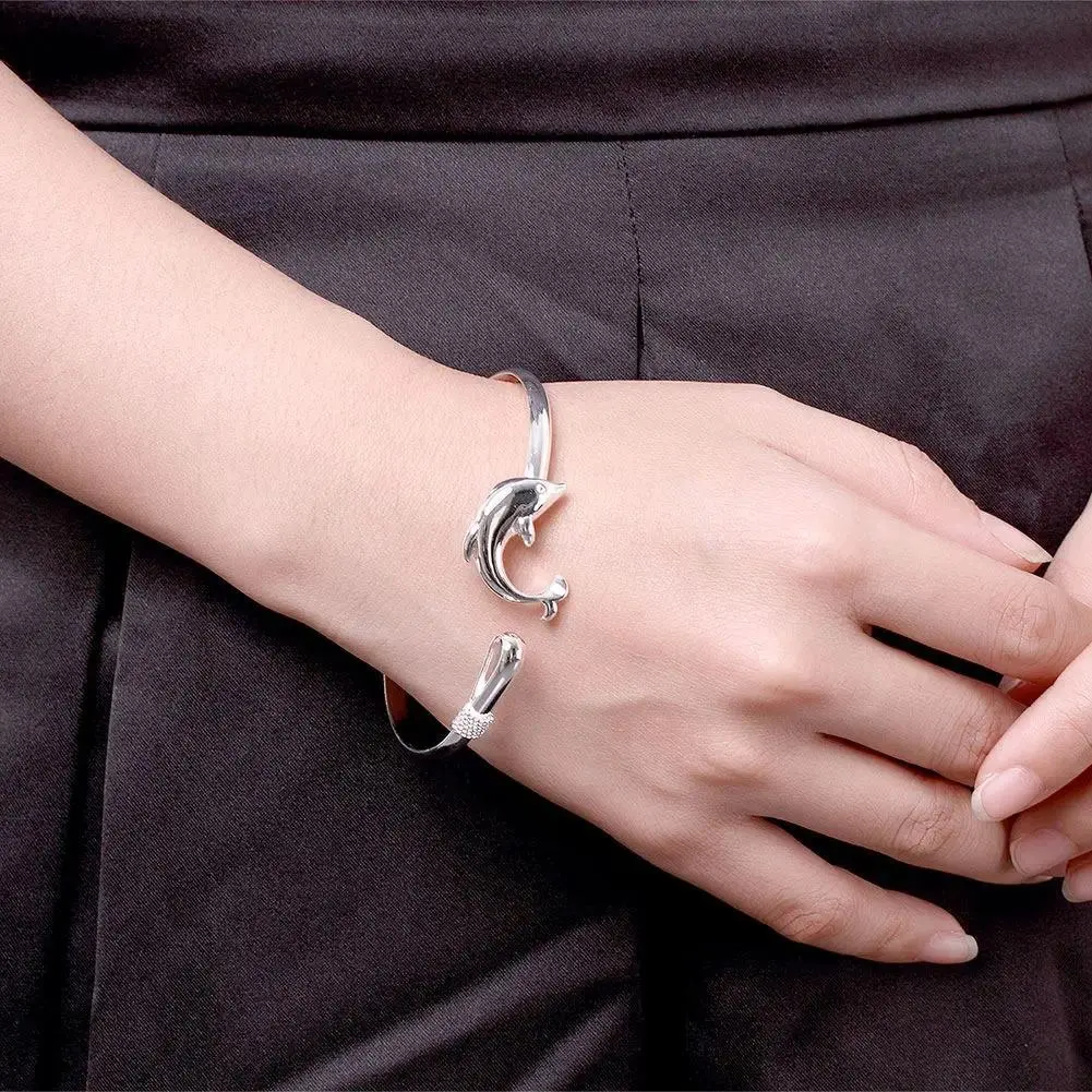 Women's Silver Dolphin Bangle, Daily Fashion Costume Jewelry Accessory for Young Women, Versatile Piece Also Suitable for Men, Bracelet, Dolphin Design, All Seasons