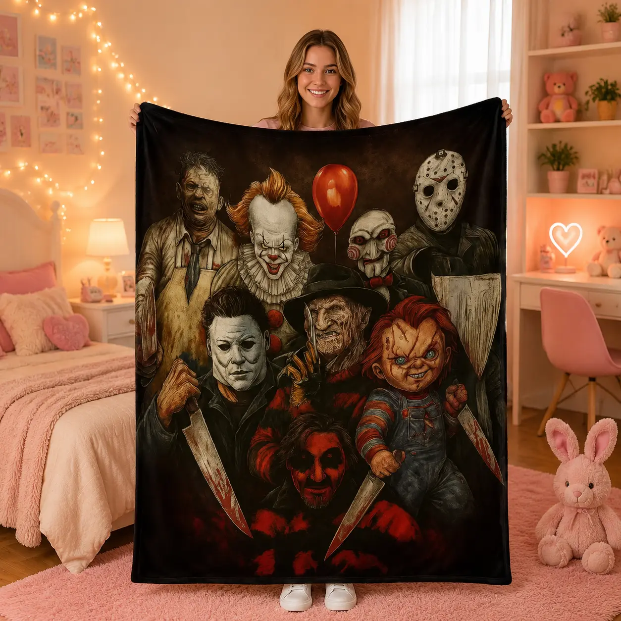Classic Horror Movie Villains Collage Flannel Throw Blanket, Freddy Jason Pennywise Michael Myers Print Soft All Season Blanket for Couch Bed Car, Machine Washable Halloween Gift for Horror Film Fans Movie Night