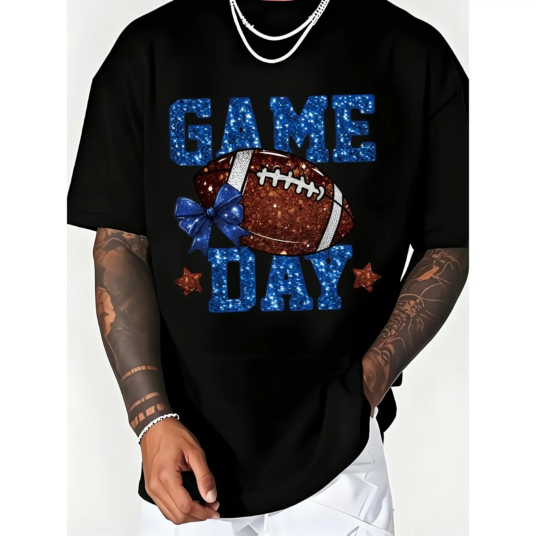 Football T-Shirt GAME DAY Glitter Bow Bright Blue 'GAME DAY' Design with Football Graphics Stylish Black Tee Suitable for Game Day Parties Tailgating Casual Wear Machine Washable Footballplus Size Retro Casual Round Neck Printed T-Shirt Unisex
