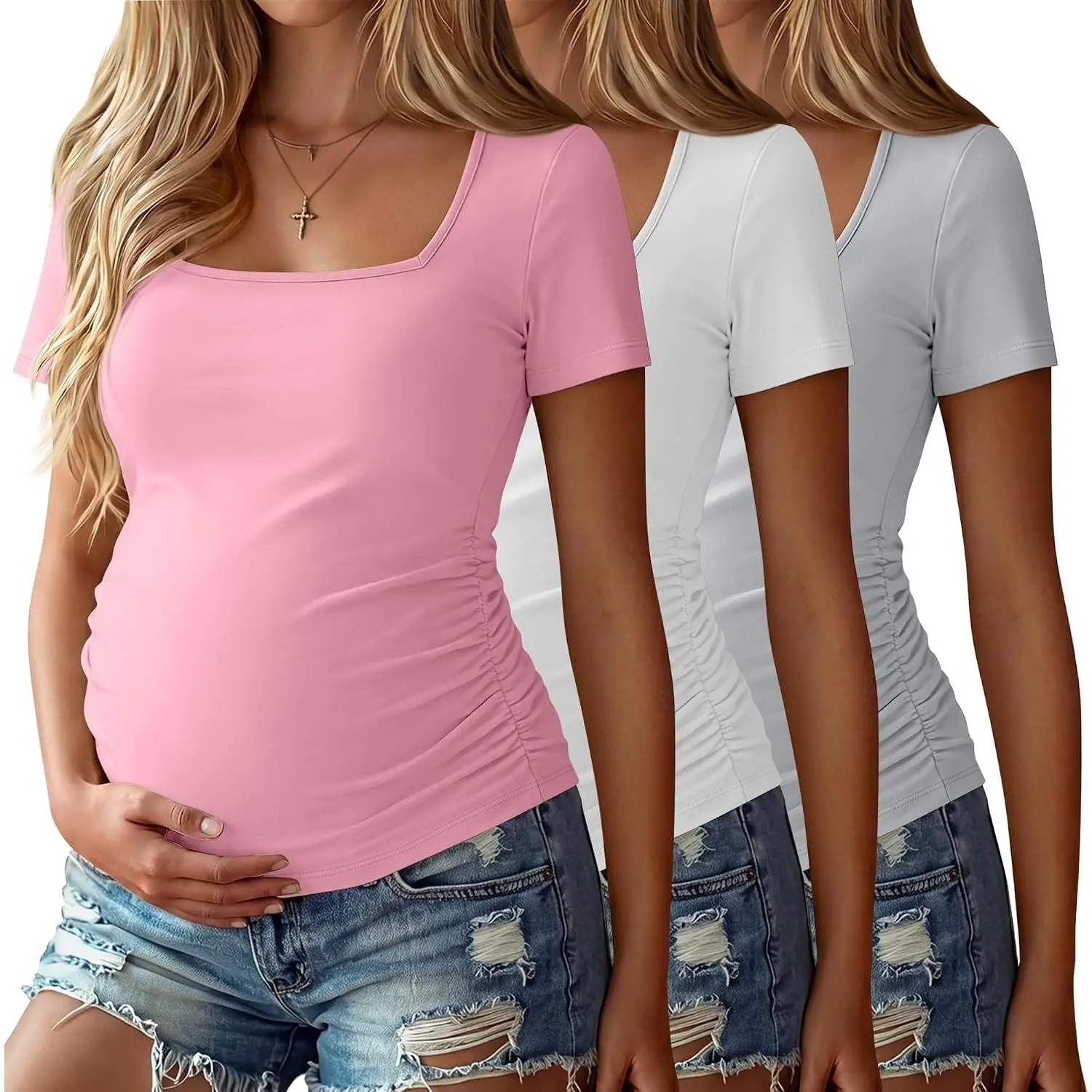 3 Pack Womens Maternity Short Sleeve Shirts | Square Neck, Side Ruched, Knitted, Pregnancy Tees, Summer, Casual, Stretchy, Soft, Comfortable, Workout, Yoga, Lounge
