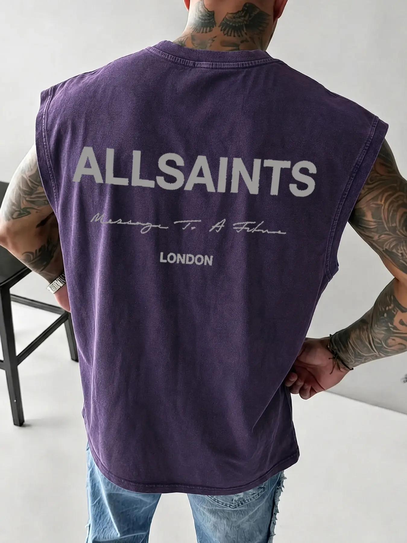 Men's Loose Round Neck Comfortable Top, Allsaints London Handwritten Print, High-Quality Snowflake Sleeveless Vest, Casual Street Style, Summer Wear