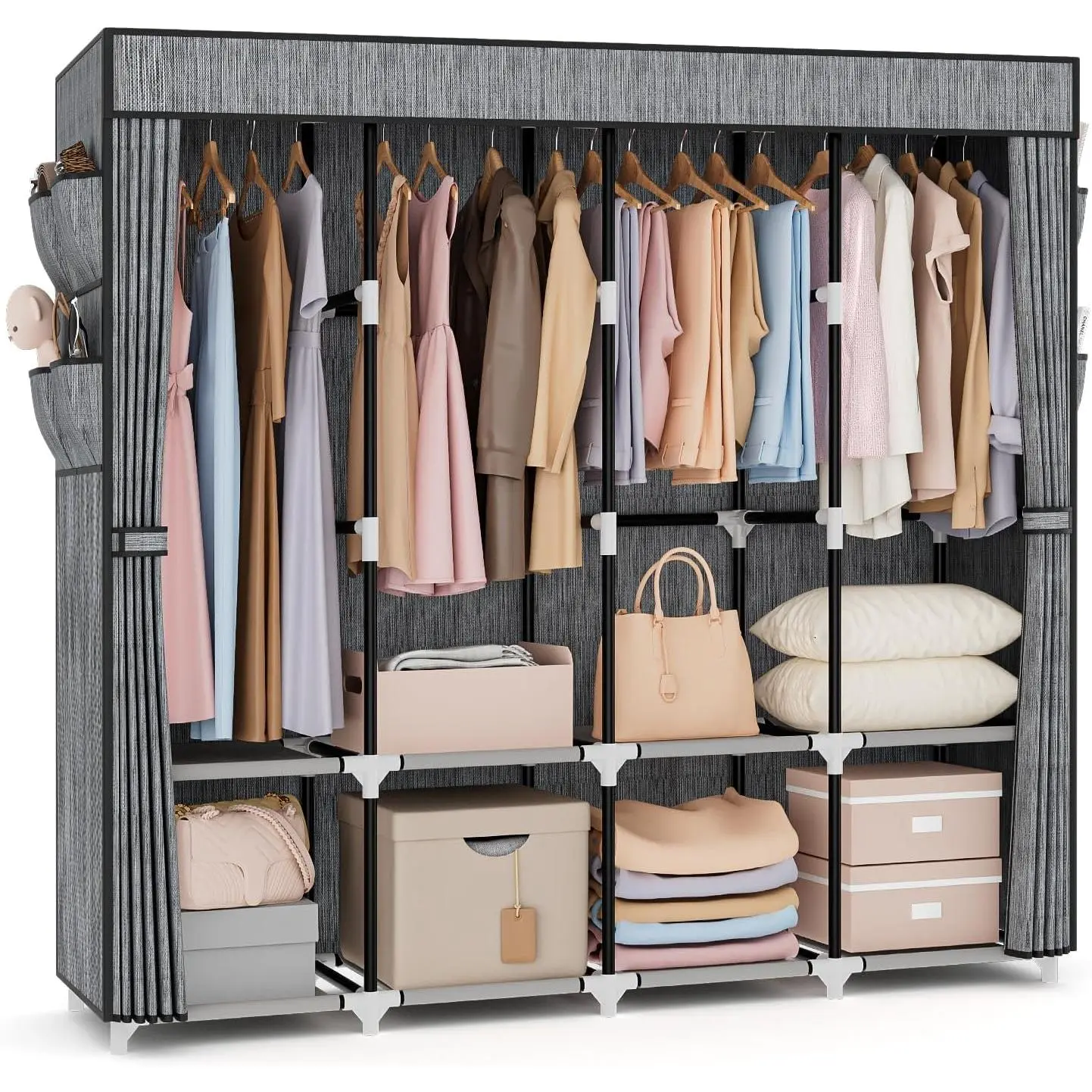 Portable Closet for Hanging Clothes 67 Inch Wide Large Capacity Portable Wardrobe Closet with Cover, 4 Storage Shelves and 4 Hanging Rod Sturdy Free Standing Closet for Bedroom, Printing
