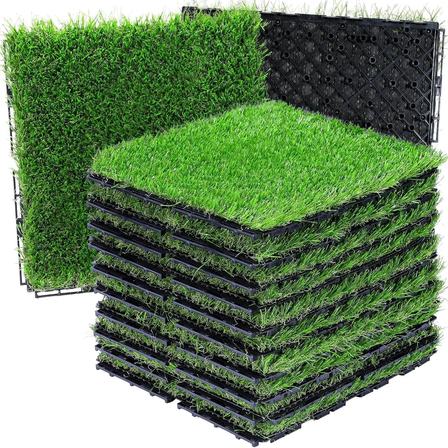 Artificial Grass Tiles Interlocking Turf Squares Deck 9 Pack | 12"x12" Indoor Outdoor Faux Grass Rug Drainage Holes, Self-Draining Artificial Grass Tiles for Garden, Lawn & Balcony Decor