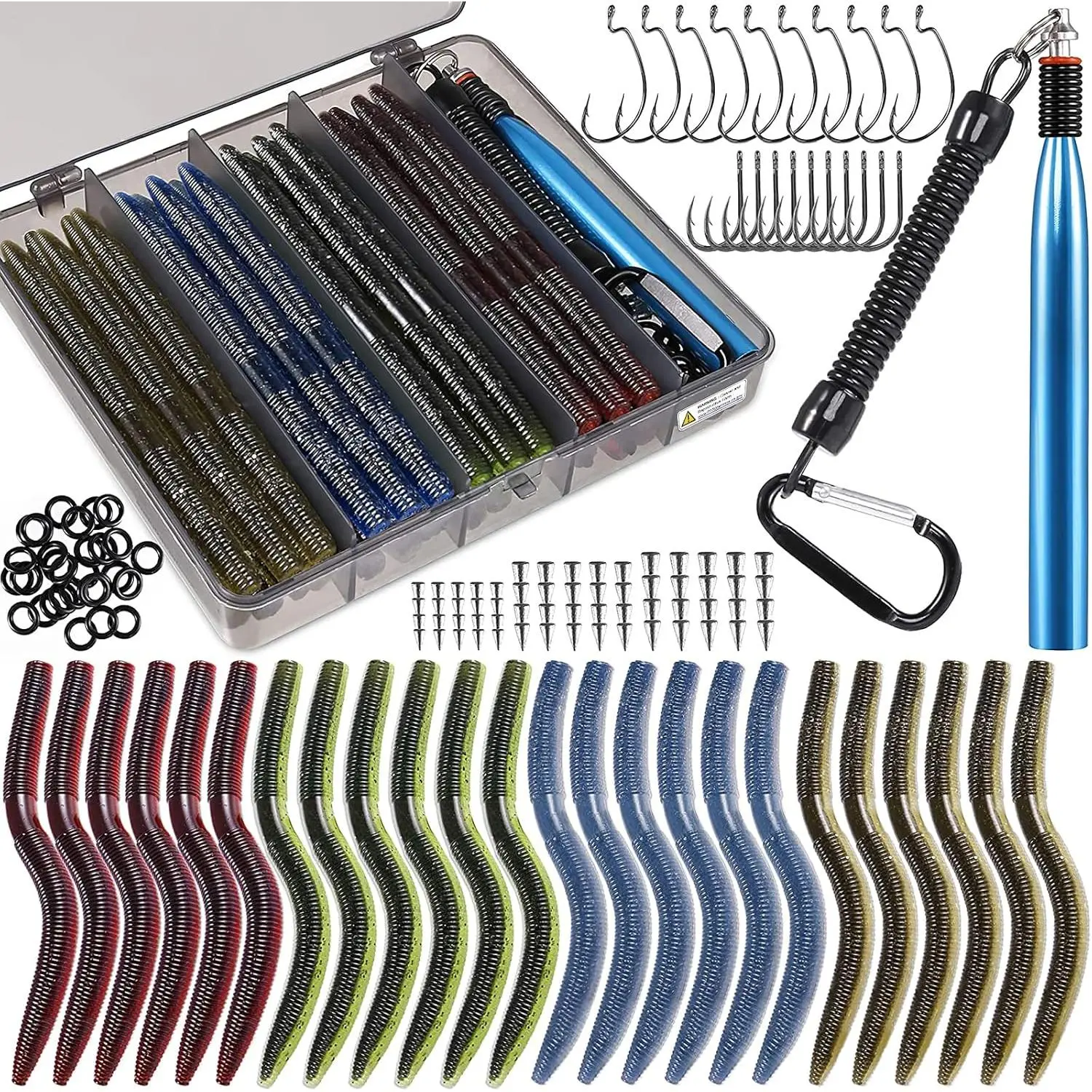 Wacky Worm Fishing Lure Kit, Soft Plastic Fishing Lures, Grub Baits Hook Wacky Rig Bass Trout Fishing Worms Lures w/Tackle Box