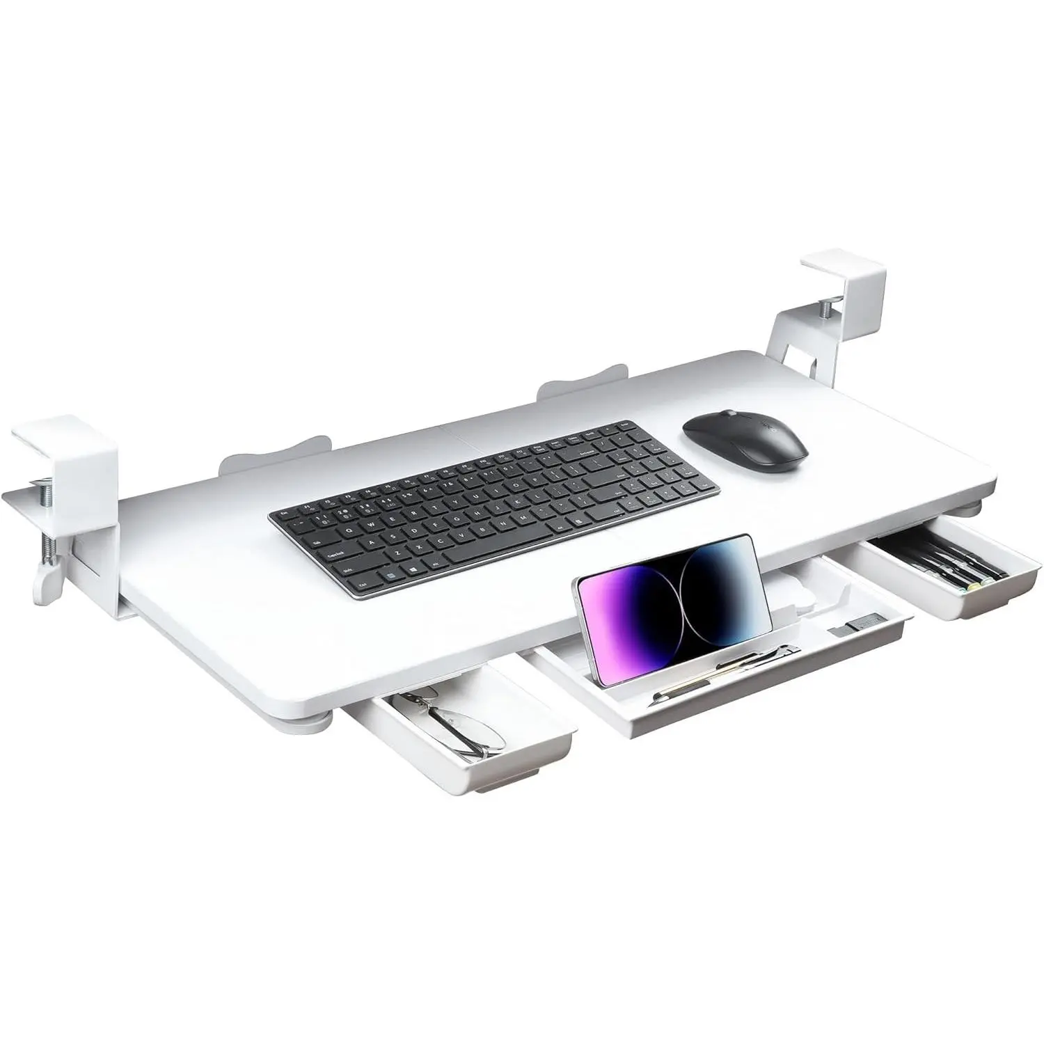 Keyboard Tray Under Desk with Drawer,26.77" X 11.81"Large Size Keyboard Tray with C Clamp-on Mount, Easy to Install, for Home Office (White)