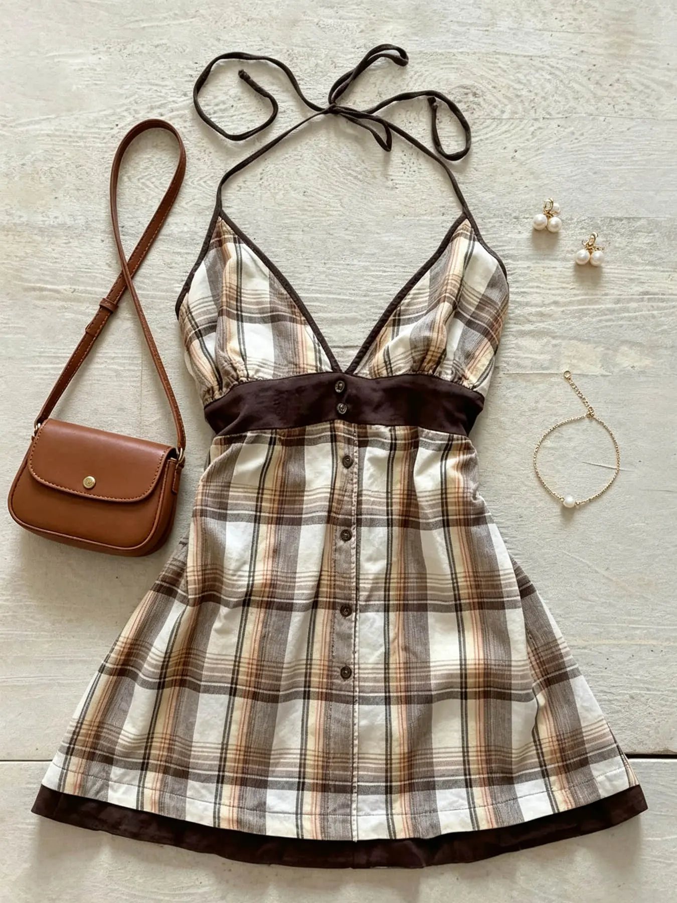 A women's fashionable coffee brown retro plaid hanging neck suspender short skirt with a deep V-neck tie design A-line dress, suitable for commuting indoor and outdoor wear