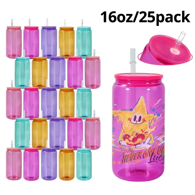 25-Pack 16oz Colored Sublimation Glass Tumbler Cups - Sublimable, Insulated, with Lid & Straw, for Iced Coffee, Festive Gifts, Portable Kitchenware Drinkware Cups & Drinking Glasses, Cup