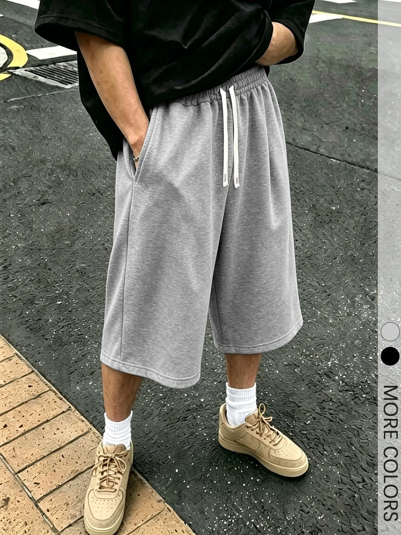 Men's Regular Fit Gray Casual Three-Quarter Length Shorts, Drawstring Waist Knee Length Sweat Shorts, For Daily Streetwear