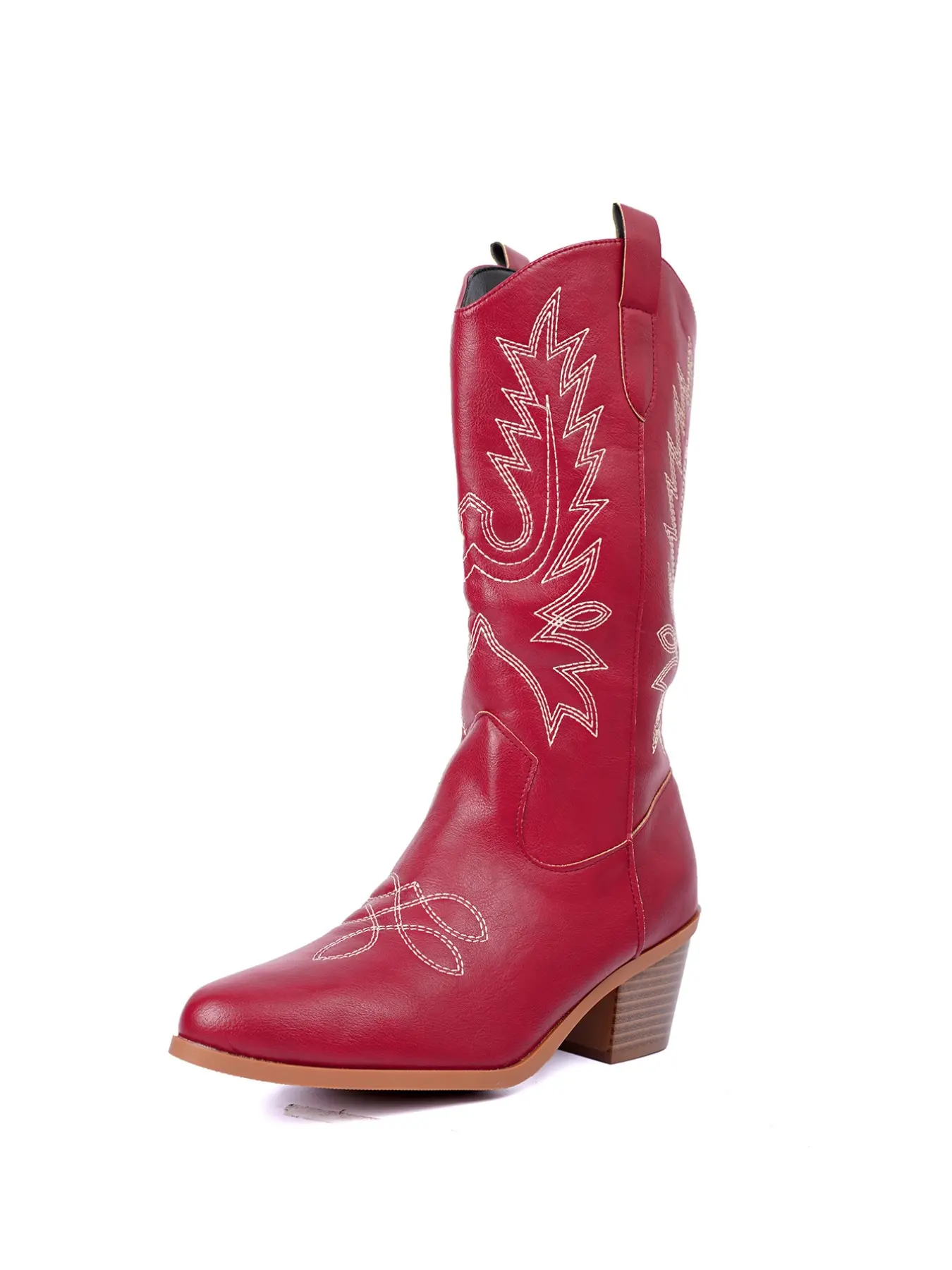 American Classic Thread Embroidered Mid-Calf Western Boots, Wood Grain Heel, Rubber Sole, Soft PU Leather, All Seasons