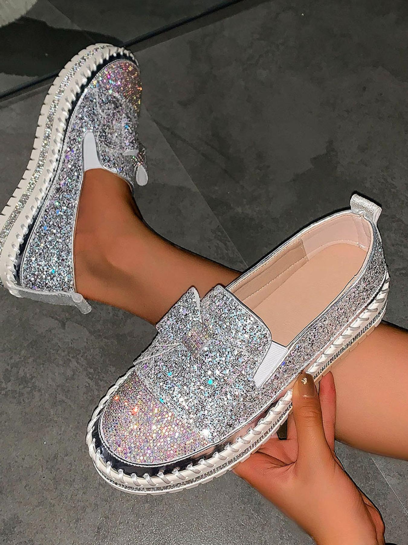 Women's Fashionable Contrast Sequin Bowknot Design Slip on Style Loafers, Elegant Comfort Flat Shoes for Daily Wear, Lightweight Breathable Shoes for Women & Girls
