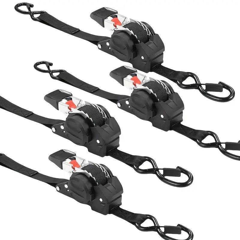 4-Pack Automatic Speed-Reducing Cargo Tie-Down Straps, Durable and Retractable Tie-Down Straps for Boats and Trailers with Ratchet, 1inch x 10 Feet, Truck Trailer Luggage Loading Accessories, Retractable Straps, Multi-Functional Heavy-Duty Ratchet Straps