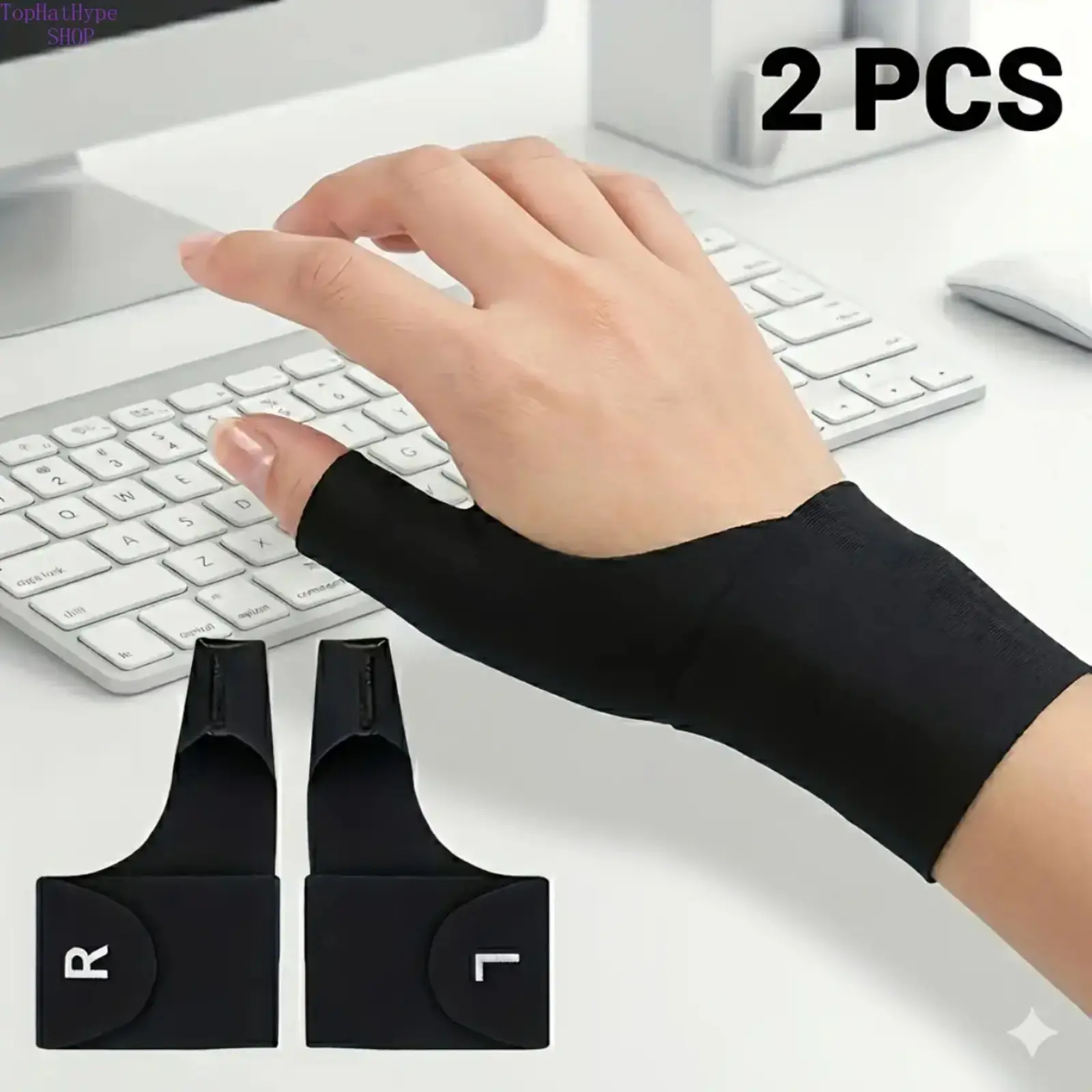2-Pack, Adjustable Breathable Bracer with Finger Stabilizer - Ergonomic Support, Adjustable Tension for Computer Typing, Repetitive Work and Anti-Slip Design