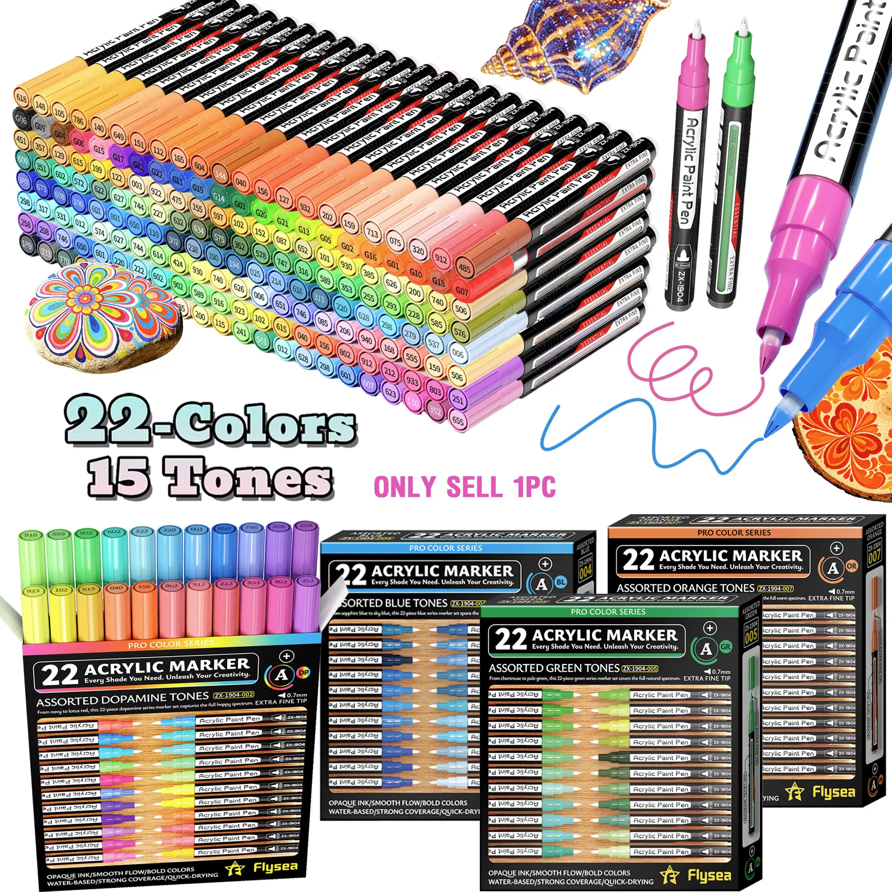 Flysea Acrylic Paint Marker Pen, 22 Colors, Fine Tip 0.7mm, Quick Dry, Suitable for Stone, Wood, Metal, Glass, Canvas, Art Markers, Art Supplies