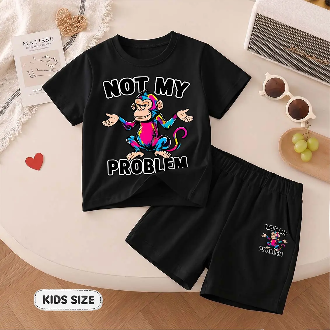 Kids' 2-Piece Outfit, Cartoon Monkey Print Crew Neck T-Shirt and Shorts, Comfortable Breathable Summer Clothes for Everyday Play, Outfits Inspo, Elastic Waist, Printed, Elastic Waist Shorts, Breathable Soft