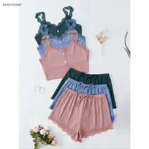 Women’s vertical ribbed knit lace-trim two-piece pajama set featuring an adjustable spaghetti strap camisole with buttons at the waist and drawstring elastic lace shorts; soft, highly stretchy, breathable, sweet summer loungewear suitable for everyday bed