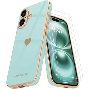 Teageo Compatible with iPhone 16 Case for Girl Women Cute Love-Heart Luxury Bling Plating Soft Back Cover Raised Camera Protection Bumper Silicone Shockproof Phone Case for iPhone 16, Pearl Aqua