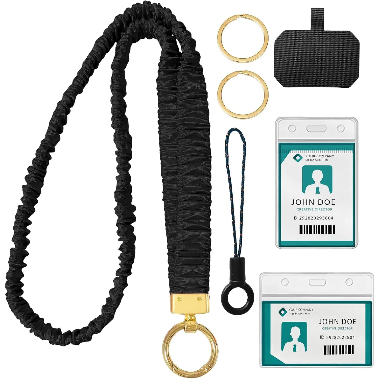 Stretchy Scrunchie Lanyard for ID Badges Holder  Black | Cute Retractable  Strap for  for Women Teacher, Nurse,  Office Employees Women, with 2 Card Holders,back to school haul,college school supplies,back to school shopping