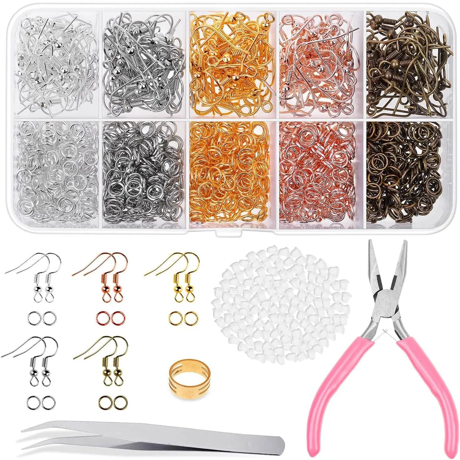 Earring Hooks,  1400 count Making Kit with 200 count Ear Ring 1000 count Jump Rings, Backs and  Pliers for Supplies Findings