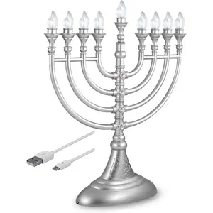 Traditional Hanukkah LED Electric Menorah Powered by Battery or USB 4' Micro USB Cable Included Electronic Chanukah Candles Lighted Hanukah Decorations (Matte Silver)