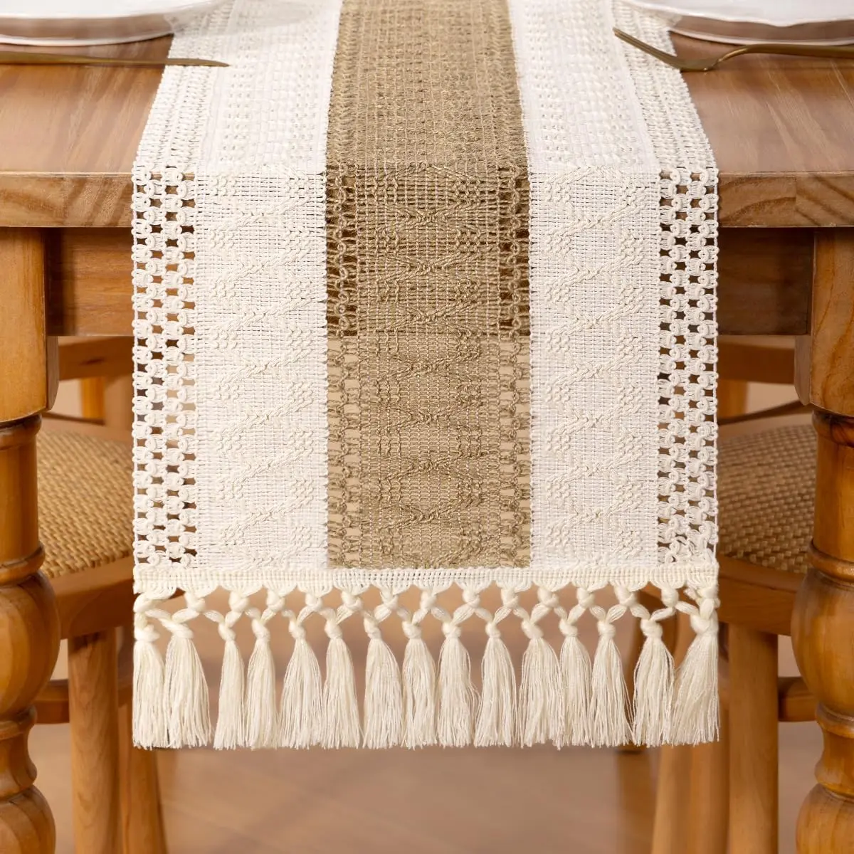 Boho Macrame Table Runner Farmhouse Woven Small Table Runner with Tassels 48 Inches Ivory& Burlap Brown Cotton Linen Kitchen Table Decor for Dining Dresser Home Tea Table Decor