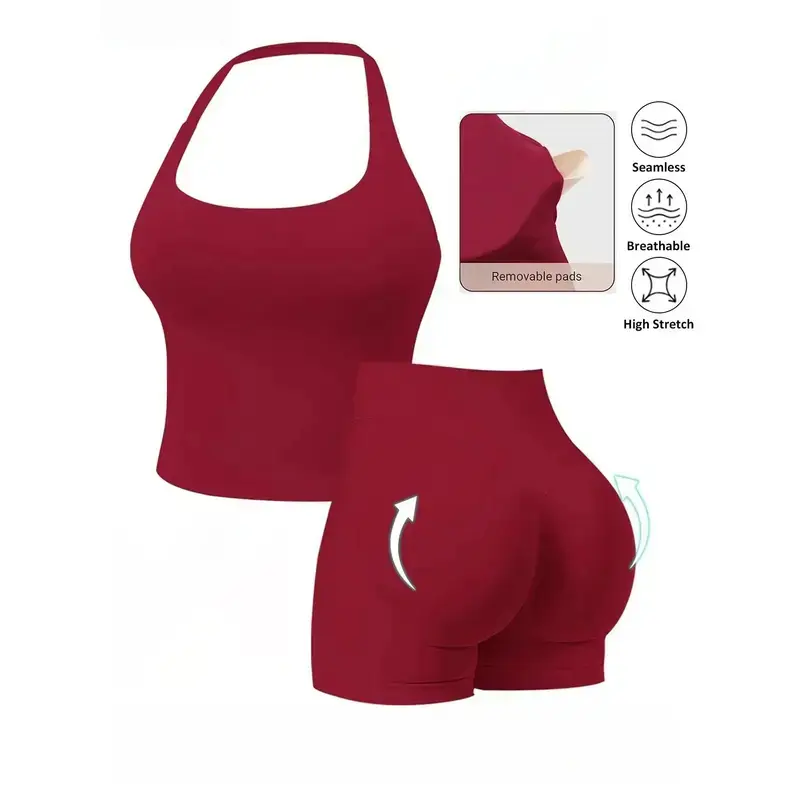 Halter Backless Sports Tank Top Workout Sets for Women 2 Piece, Gym Outfits Seamless Halter Backless Crop Top Scrunch Bum Shorts Tracksuit Women's 2 Piece Workout Set Backless Halter Top