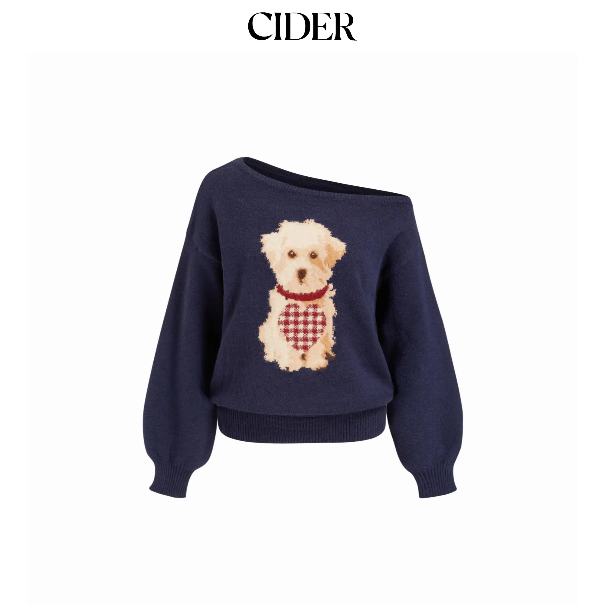 Cider Knit Asymmetrical Neck Puppy Pattern Top SohoChic
