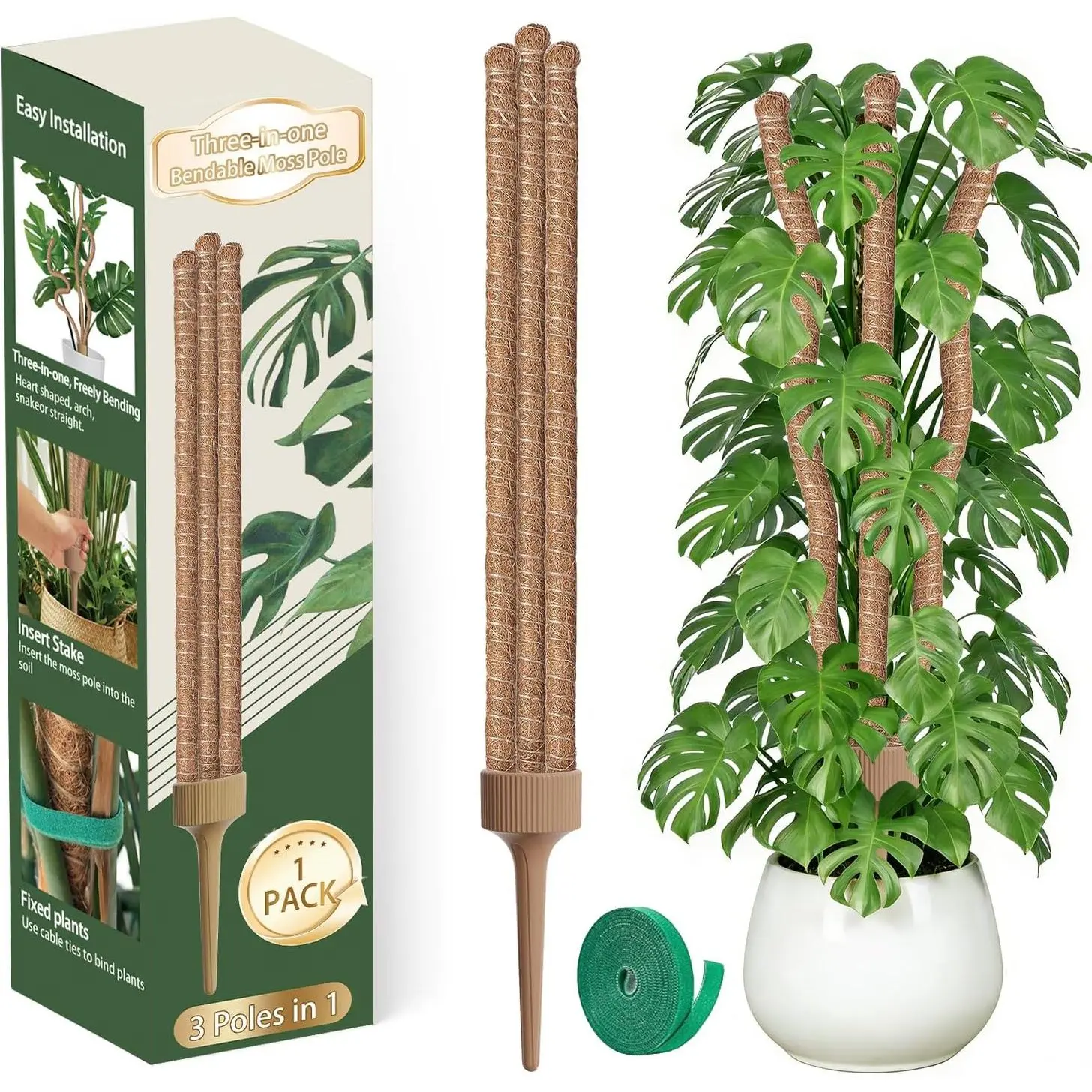 3 Moss Poles in 1, Bendable Monstera  Support, 30IN Tall  Stakes for Indoor , Coir Pole  Support for Climbing , Pothos, Philodendron-1 Pack