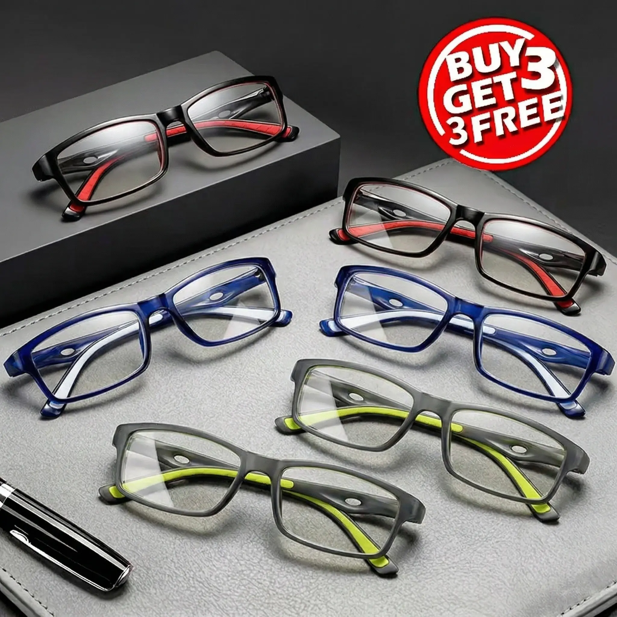 GIGULA  Men's Sports Square Reading Glasses, Flexible Lightweight Anti-Slip Temples, Blue Light Protection, Multiple Colors, 1.00-4.00 Diopters