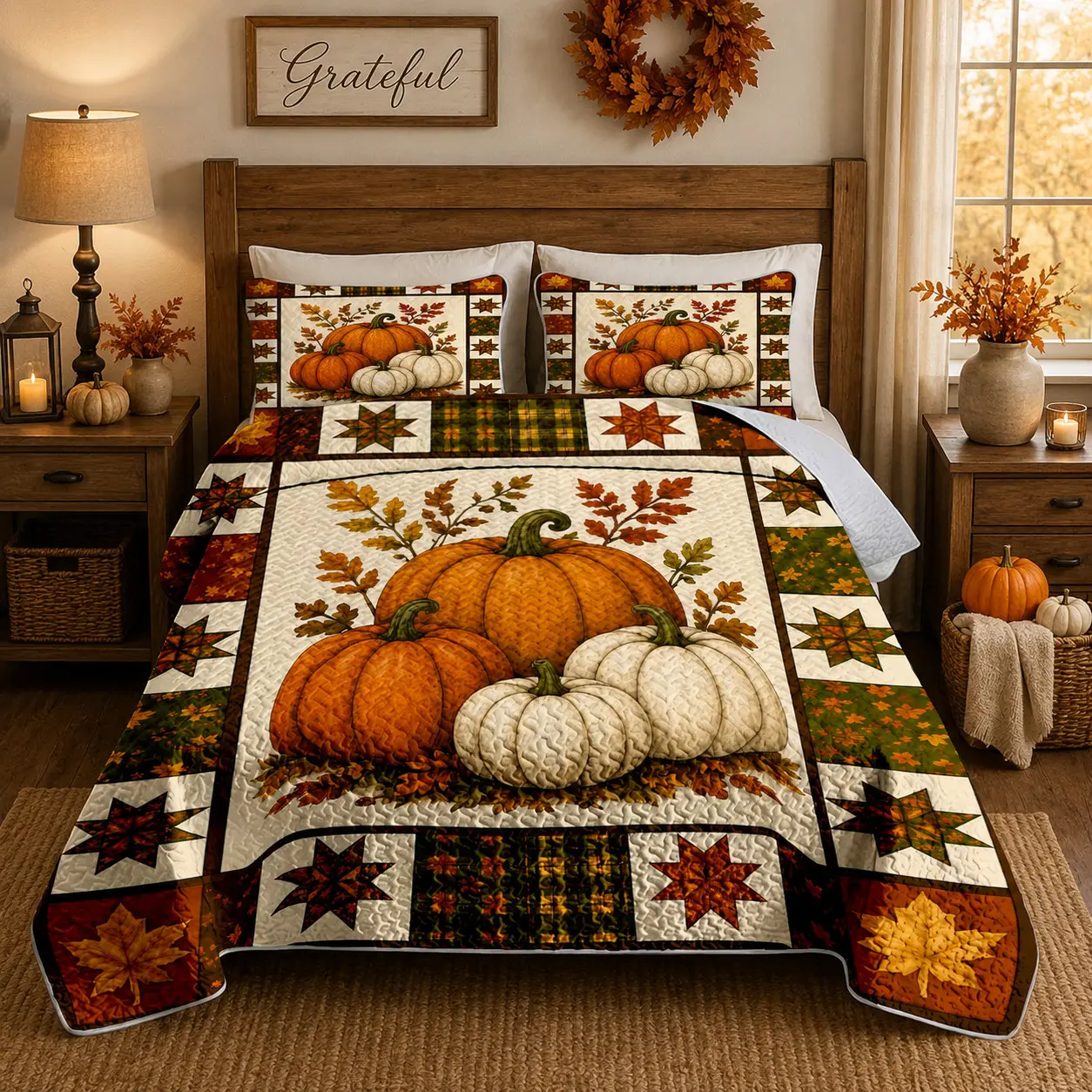 [Back to School] 3-Piece Autumn Pumpkin Quilt Set, Farmhouse Patchwork Bedspread with 2 Pillow Shams, Soft Lightweight Wrinkle-Resistant Breathable Fade-Resistant All-Season Decorative Bedding Set for Queen/King Beds, Thanksgiving Bedroom Decor