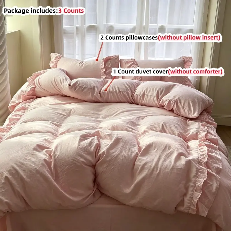 3pcs Korean Ruffled Bedding Set, Includes 1 Duvet Cover + 2 Pillowcases，without comforter and pillow insert, 100% Polyester,for Single Twin Double Queen king Size bed