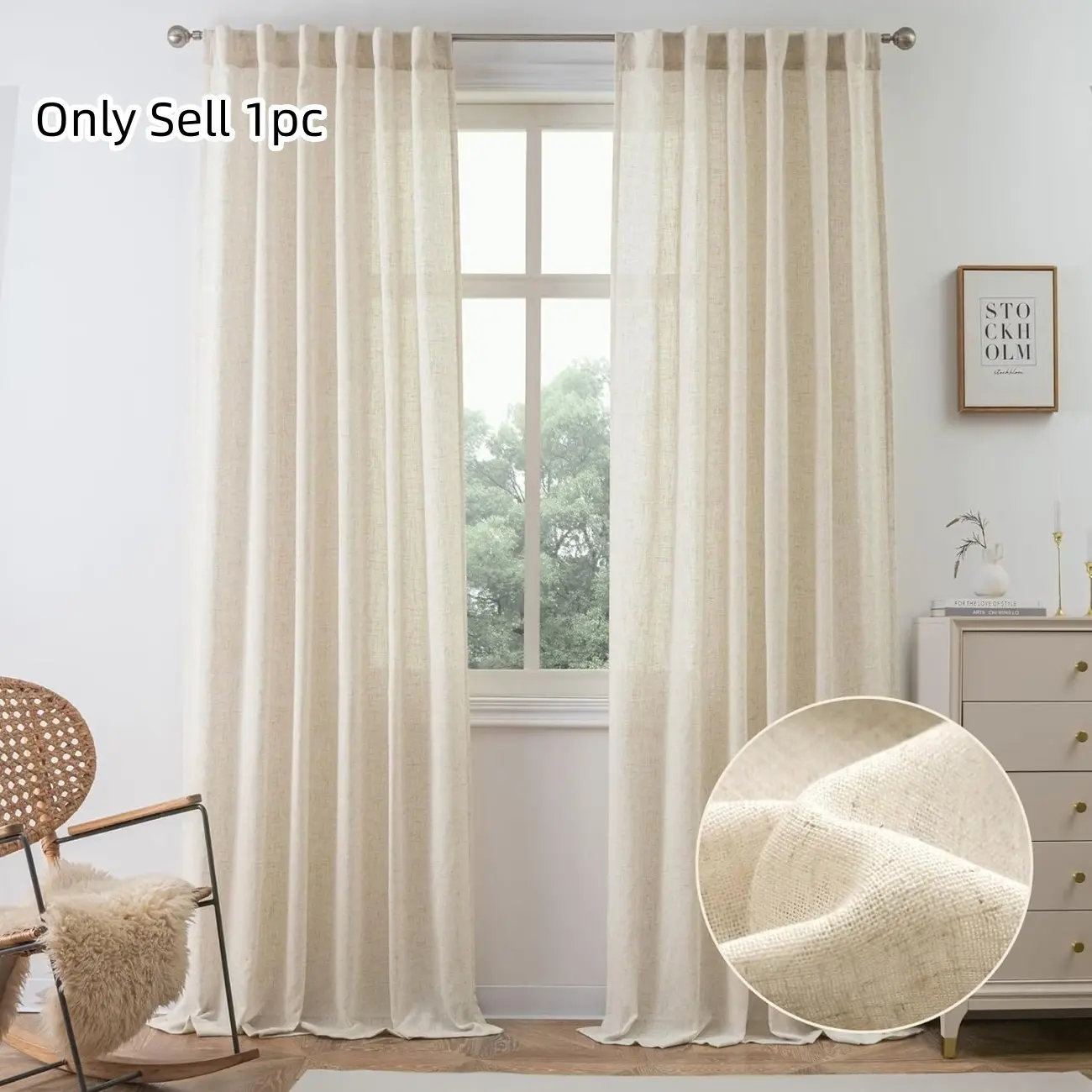 1pc Linen Window Drapes, Boho Style, Light Filtering, Neutral Color, Semi-Transparent Curtains, Ideal for Living Room Decor, Home Decoration