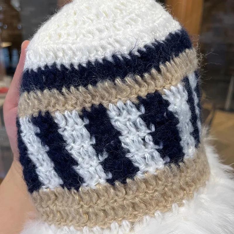 Winter Rabbit Fur Plush Handmade Knitted Hat for Women Men Outdoor Ear Protection Soft Warm Beanie Y2k Streetwear Knitted Hats