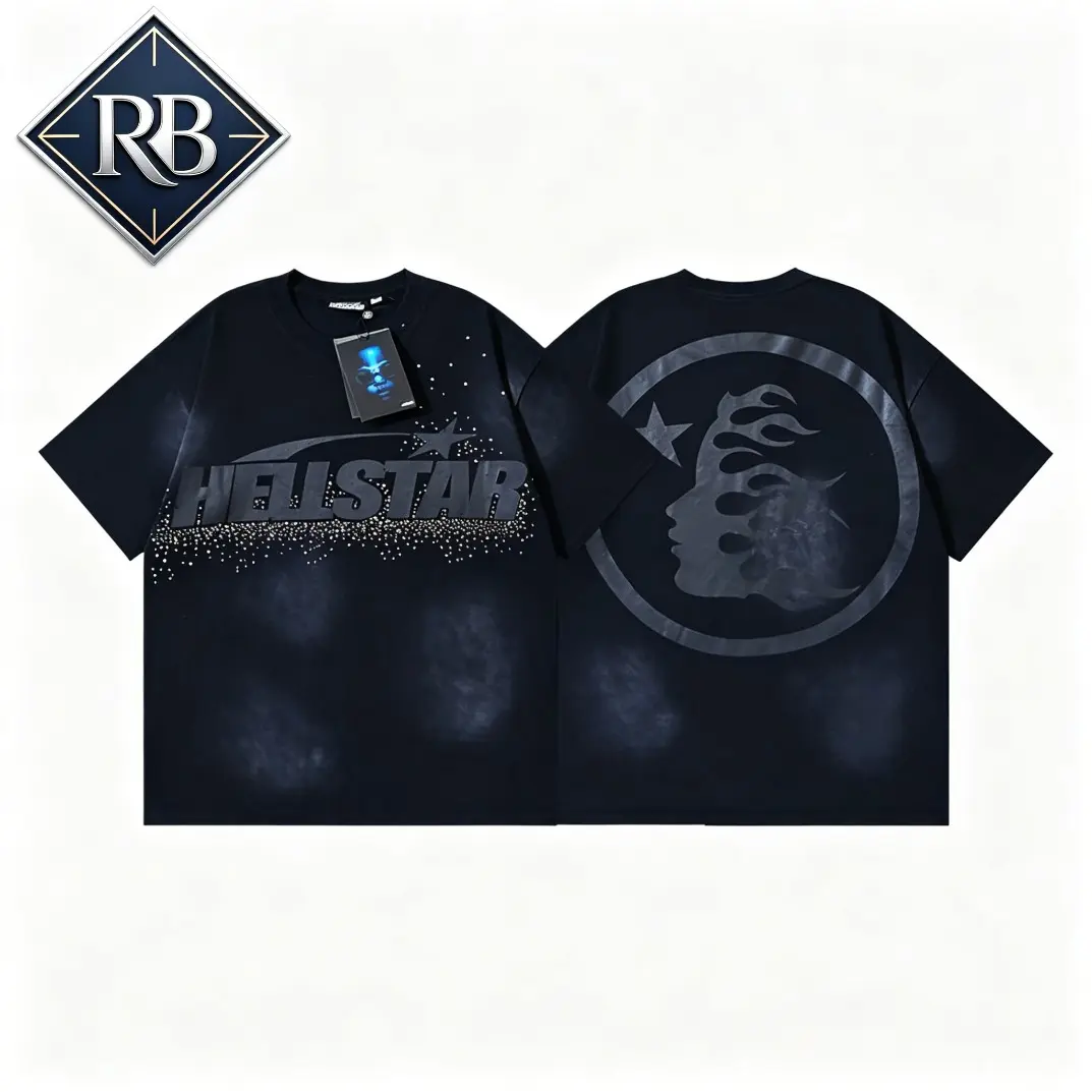 Hellstar Records Men's Oversized Cracked Earth Pattern T-Shirt, Pure Cotton Unisex Retro Distressed Double-Sided Rhinestone Print Short-Sleeve Tee, Gothic Y2K Streetwear Style