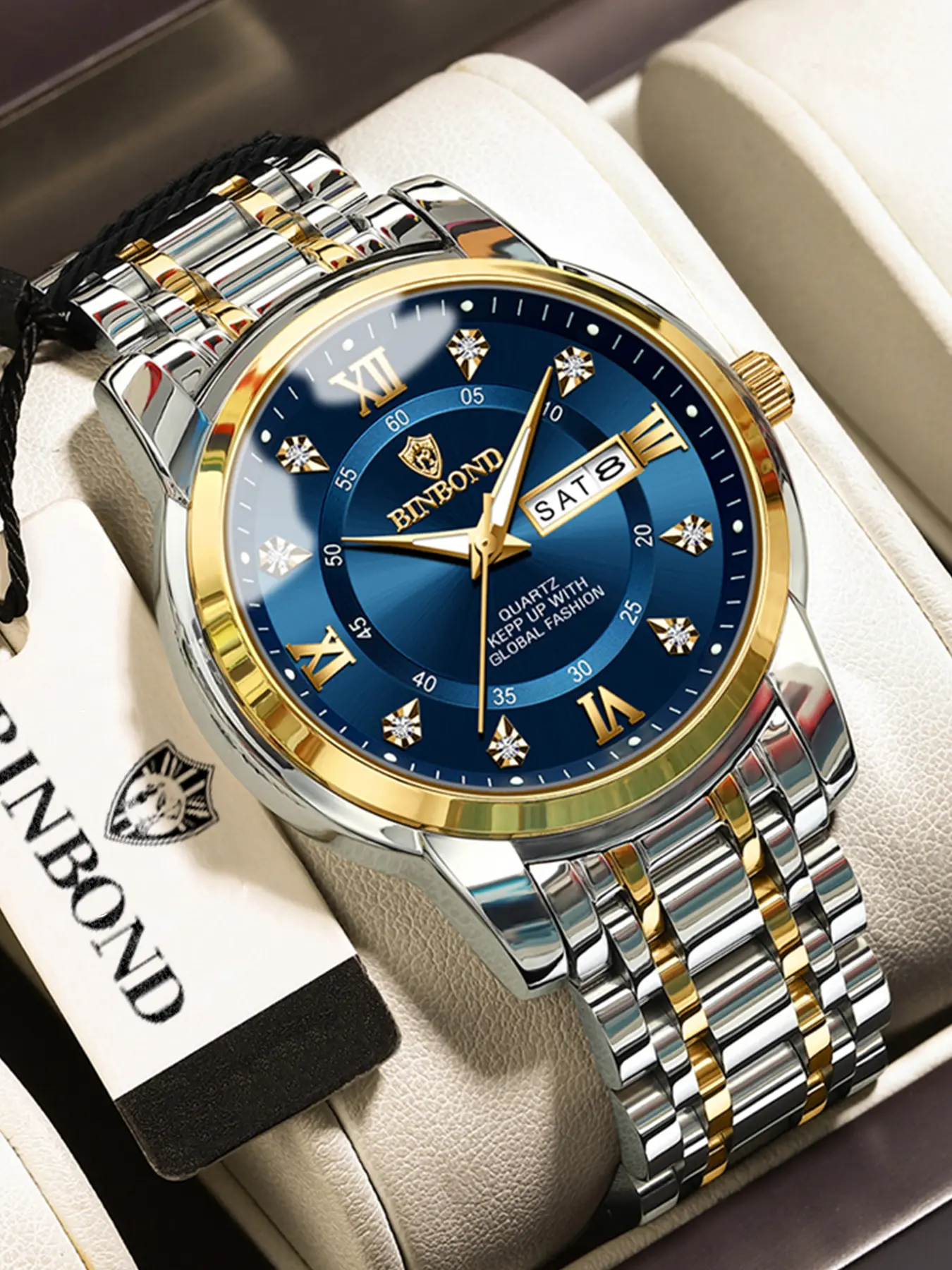 BINBOND Men's Business Watch, Silver Color Stainless Steel Band, Quartz Movement, Luminous Fashionable Dial Waterproof Fashion Analog Men's Watches, Trendy Exquisite Watch