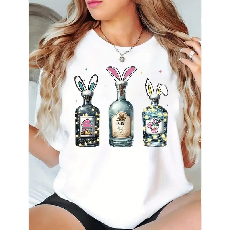 Women's Easter Bunny Ear T-Shirt - Black and White Printed Wishing Bottle Design, Casual Short Sleeve Top, Perfect Spring/Summer Gift