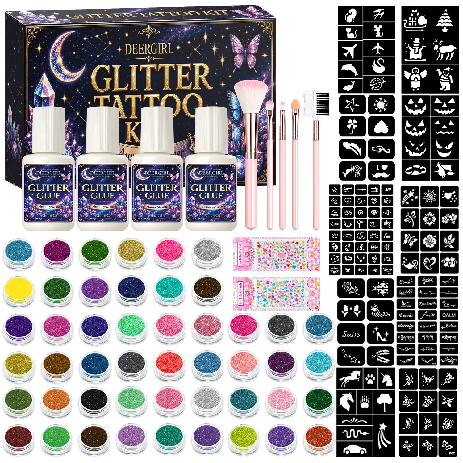 **Deergirl Glitter Tattoo Kit, 38 Glitter Shades, Multi‑Pattern Stencils, Glue & Makeup Brushes, Sparkly Body Temporary Tattoo Kit For Party & Holiday Kids Gift**  >