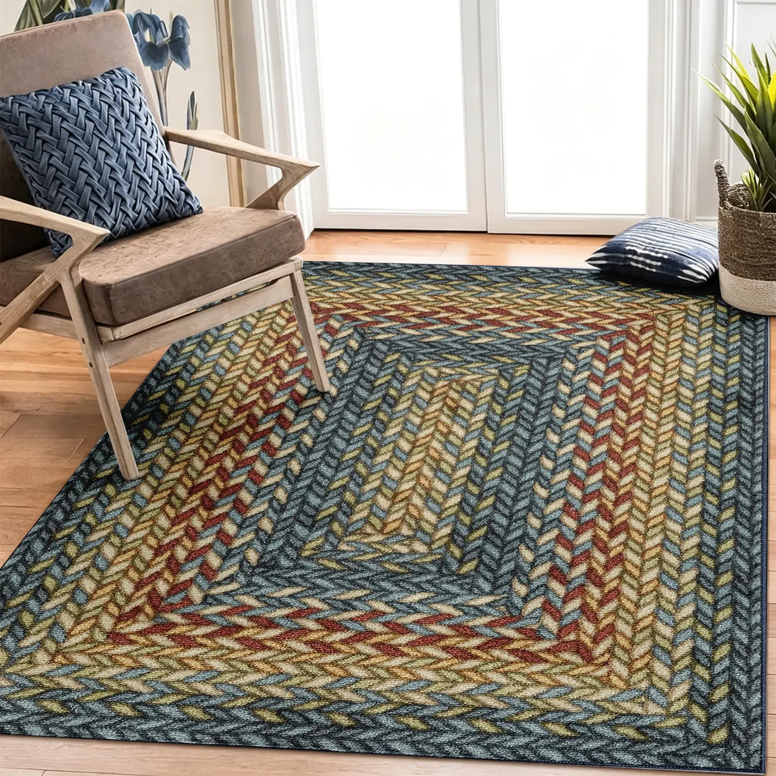 Modern Geometric Area Rug, Blue Yellow Herringbone Carpet, Non-Slip Fine Pile Washable Mat, Durable Aesthetic Floor Decor, Neutral Rugs for Bedroom Living Room