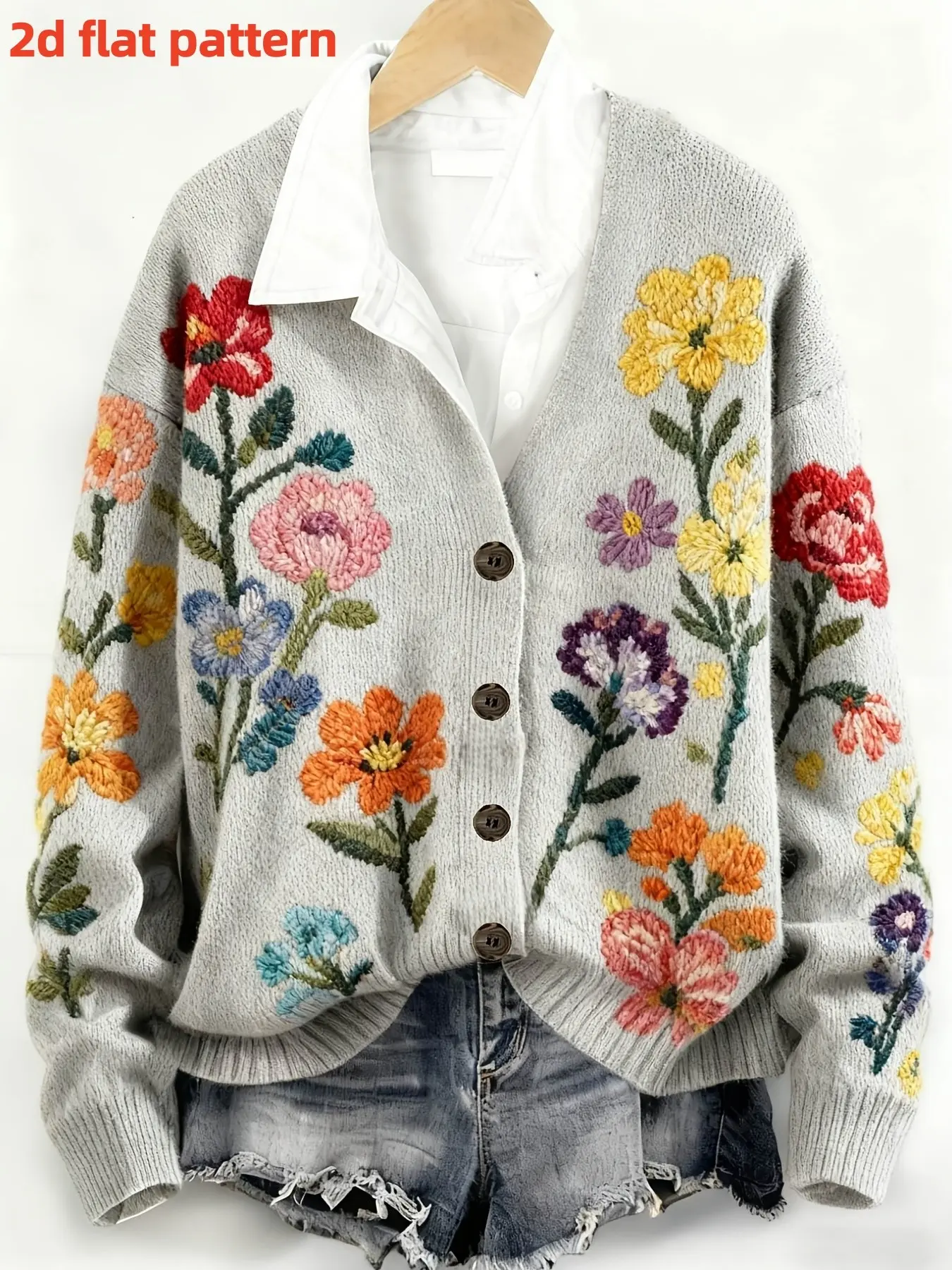 Women's V-Neck Long Sleeve Knitwear Sweater, Elegant Chic Fall & Winter Fashion, Floral All over Print, Loose-Fit Digital Print Top, Trendy Ladies' Outerwear