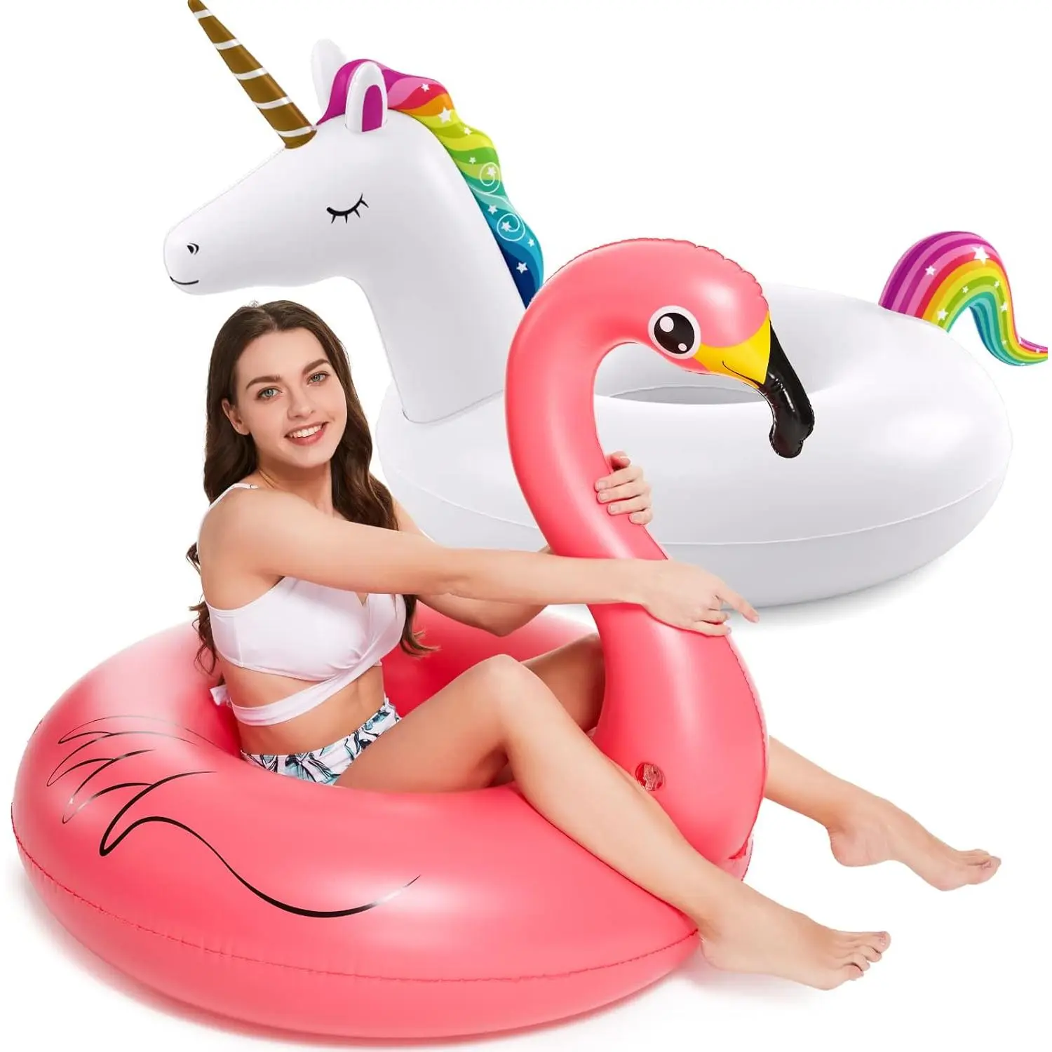 2-Piece Unicorn & Flamingo Inflatable Pool Floaties - Water Sports Rafts for Pool, Lake - Swim Rings for Adults, Kids, Two Piece Set