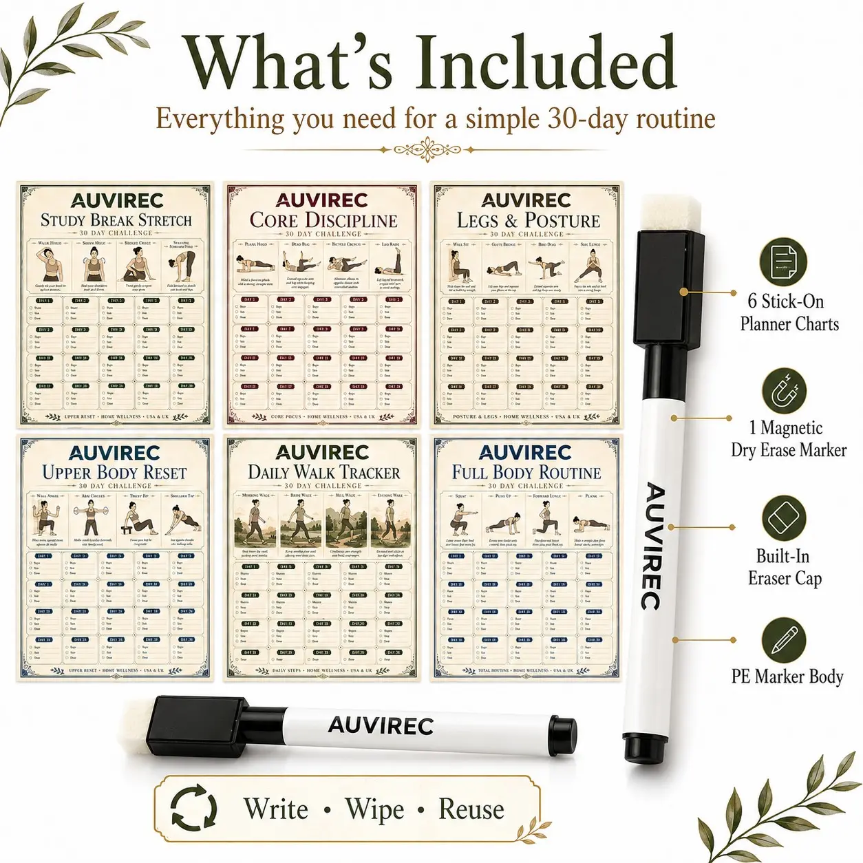 Auvirec 6-Piece Dry Erase Fitness Plan Set, 30-Day Health Workout Board, Includes Marker, Suitable for Refrigerator/wall/mirror/office/home Gym