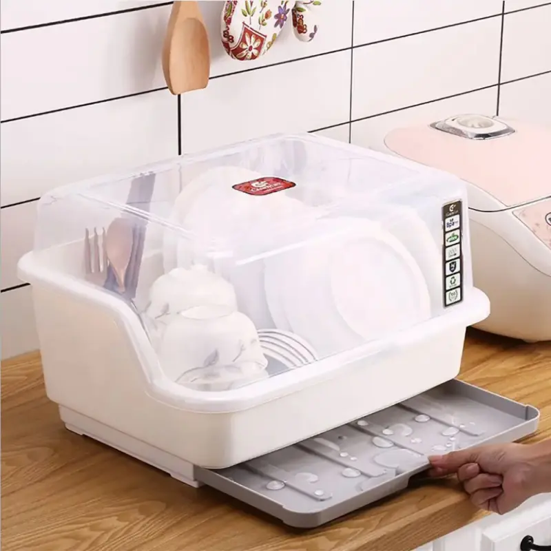 Medium Size Dish Drying Rack and Drain Board with Lid Cover, Nursing Bottle Holder, Kitchen Plate Tray Cutlery Drainer organizer