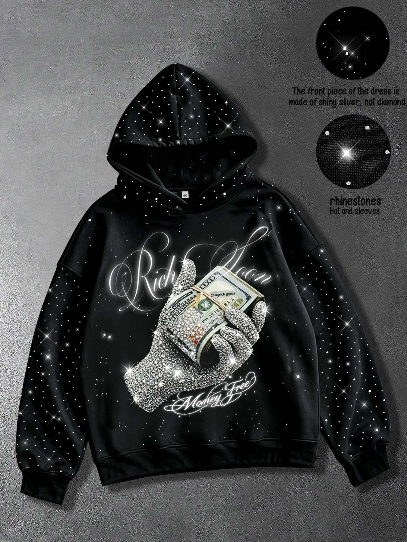 Street hiphop men's hooded sweatshirt, hooded sleeves, rhinestone body, fine silver embellishments, Rich Soon personalized letters, diamond palms, dollar bill print, men's sweatshirt, fleece, hip-hop couple's same trendy hoodie, Casual Graphic Hoodie