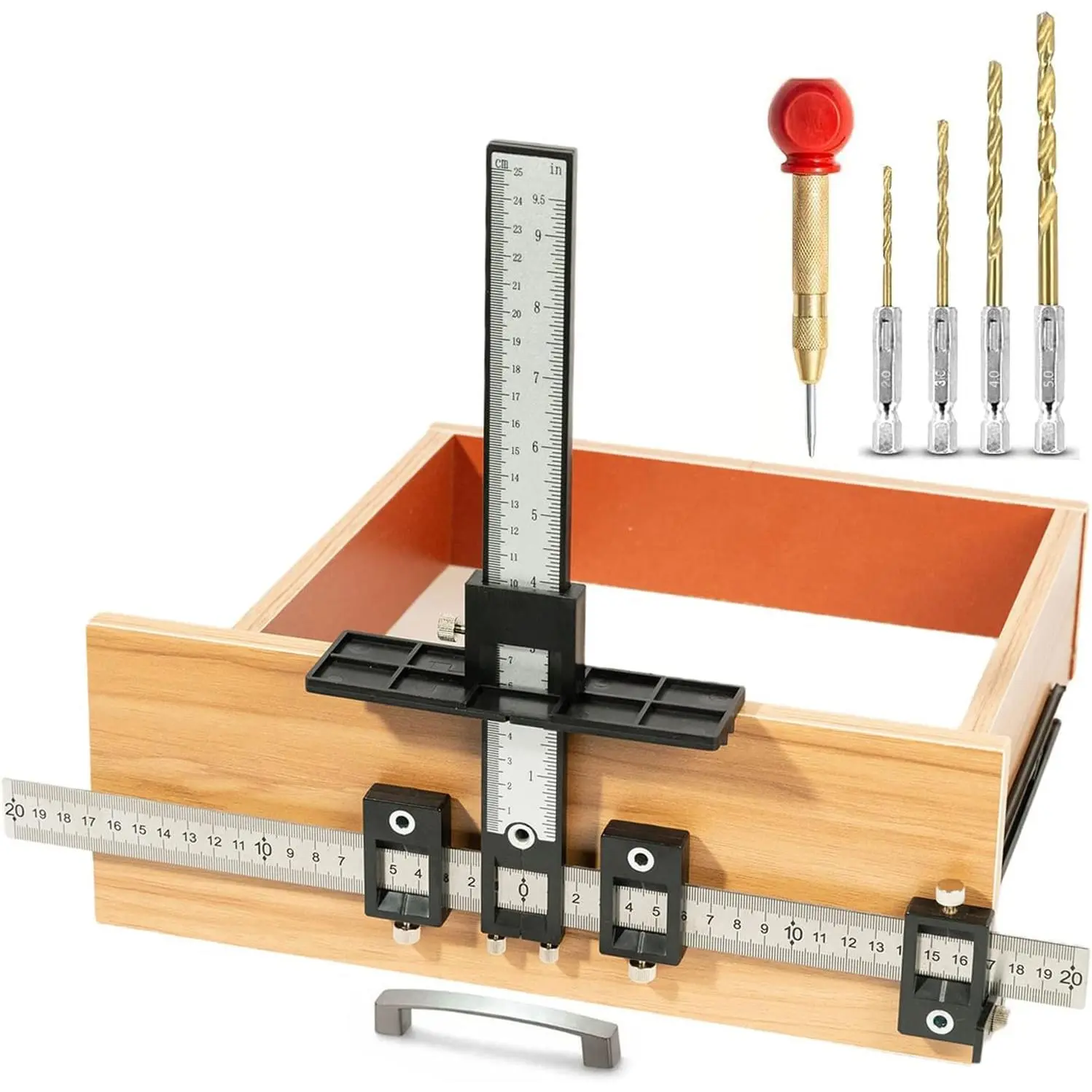 Cabinet Hardware Jig, Aluminum Alloy Cabinet Handle Jig Tool Fast and Accurate Installation of Door Handles and Drawer Front Knobs, Pulls(with Automatic Center Punch and 4 Drill Bits)